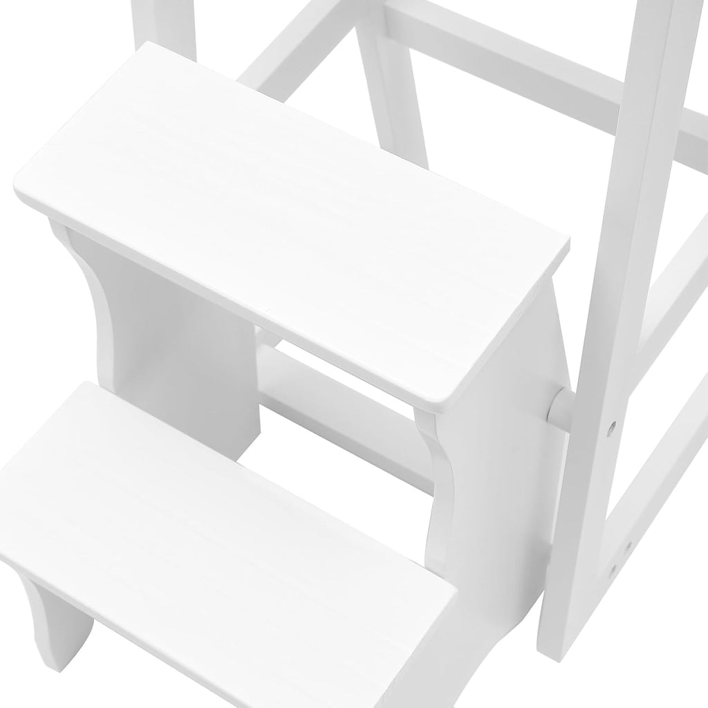 Wooden Folding Library Ladder Chair, 3-Step Multifunctional Step Stool, Display Ladder and Storage Shelf for Kitchens, Garages, Bars, Counters (White)
