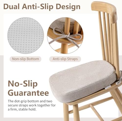 D-Shaped Chair Cushions for Dining Chairs, 2.5” Thick Chair Pads with Washable Comfortable Textured Cover, Non Slip Kitchen Chair Cushions with Ties, 16.5" x 16.5", 4 Pack, Beige