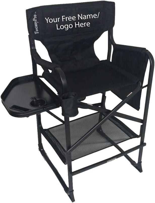 Portable Professional Tall Directors Chair with Side Tray - Custom Name/Logo Imprinted - 29 Inch Seat Height - for Salons, Makeup Artist, Hairstylist - Foldable Design
