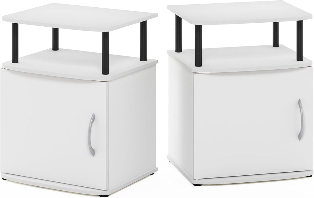 Furinno Jaya Side Table Set of 2, 2-Tier Open Shelf End Table with Door Cabinet, Soft-Edges Night Stand, Bedside Table, for Living Room, Bedroom, White