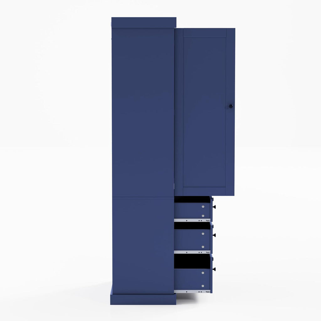 roomfitters 77 Inch Farmhouse Kitchen Pantry Cabinet with 8 Door Shelves and 3 Drawers, Tall Cupboard, Blue