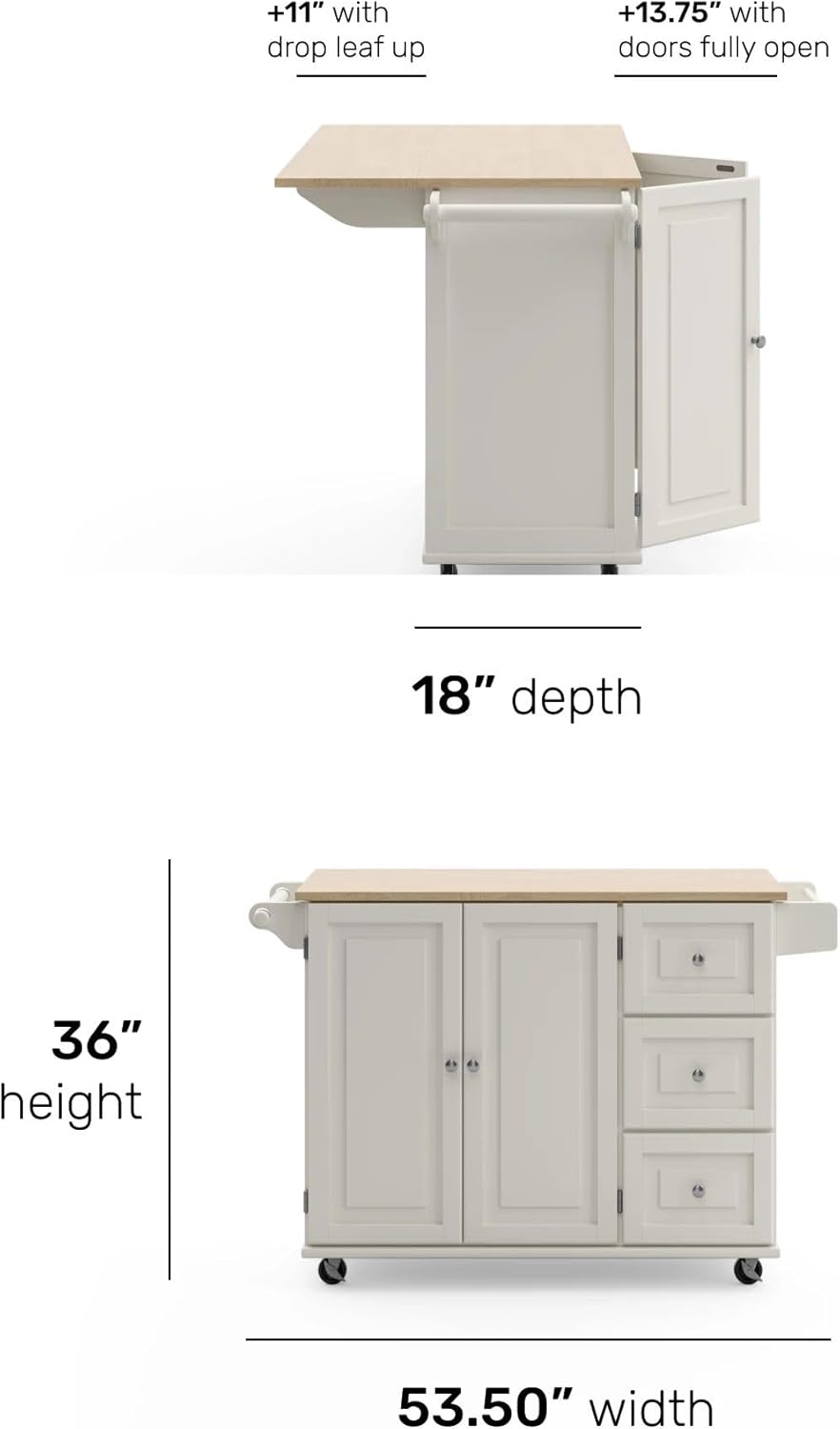 Homestyles Dolly Madison Off-White Mobile Kitchen Island Cart with Wood Drop Leaf Breakfast Bar