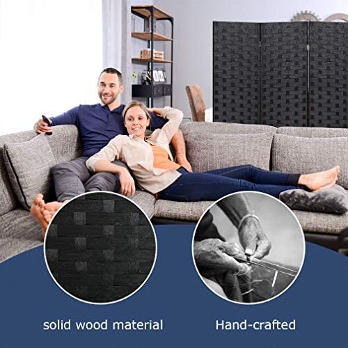 FDW Room Divider 6FT Wall Divider Wood Screen 4 Panels Wood Mesh Hand-Woven Design Room Screen Divider Indoor Folding Portable Partition Screen,Black