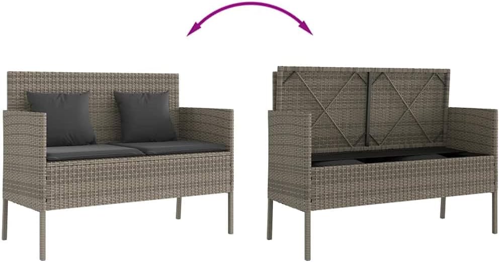 Gray Poly Rattan Patio Storage Bench with Cushion, Outdoor Seat with Waterproof Bag and Gas Spring