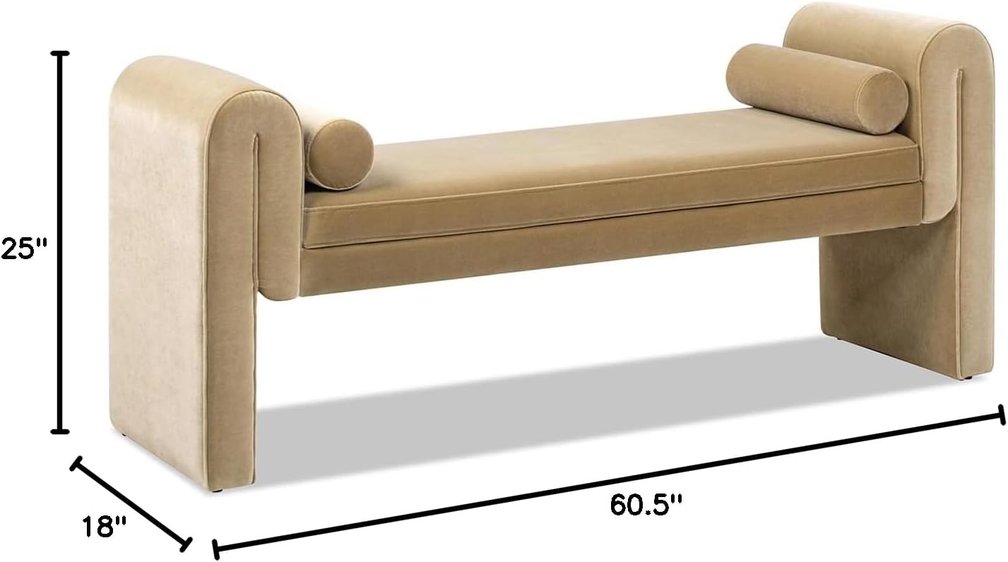 60.5" Arched Arm Bench with Bolster Pillows, Camel Brown Beige Performance Velvet