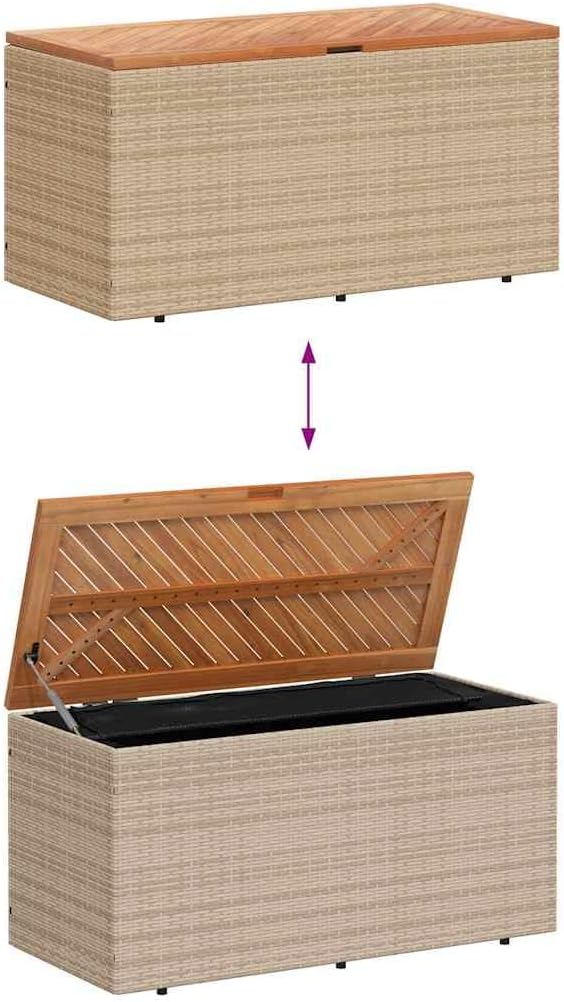 Patio Storage Box Beige 43.3x19.7x21.3 Inch Poly Rattan Acacia Wood Bench Seat with Waterproof Bag