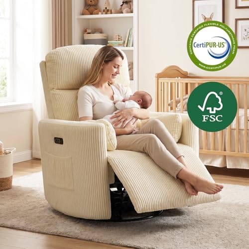 Oversized Power Recliner with Massage and Heat, Swivel Rocker Recliner with Adjustable Headrest, Glider Recliner Nursery Chair with 2 Pillows, rocking nursery recliner for Living Room,Corduroy Beige