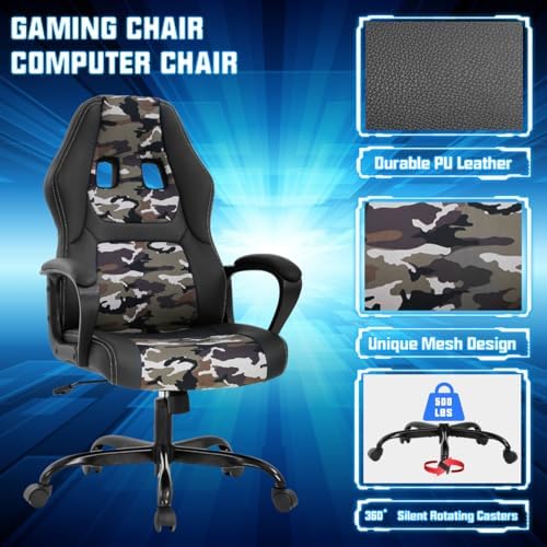 Dkeli Gaming Chair PC Computer Chair Office Chair for Adult Teen Kids, Ergonomic PU Leather Gamer Chair with Lumbar Support High Back Adjustable Rolling Swivel Desk Chair, Camo
