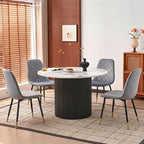 White Round Dining Table Set for 4, Modern Mid Century Wooden Kitchen & Dining Room Table Set, 5 Piece Space Saving (47In Faux Marble Table + 4 Grey Velvet Chairs)
