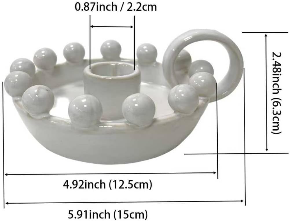 Ceramic Taper Candle Holder with Handle,Vintage White Glaze Farmhouse Beads Candlestick Holders for Mantel, Dining Home Decoration