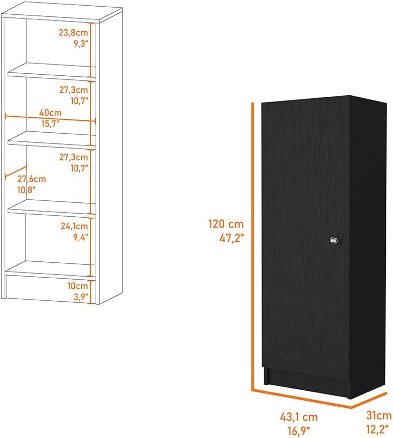 Miami Single Door Pantry, 4 Shelves, Black Engineered Wood, Space-Saving Storage for Kitchen or Hallway