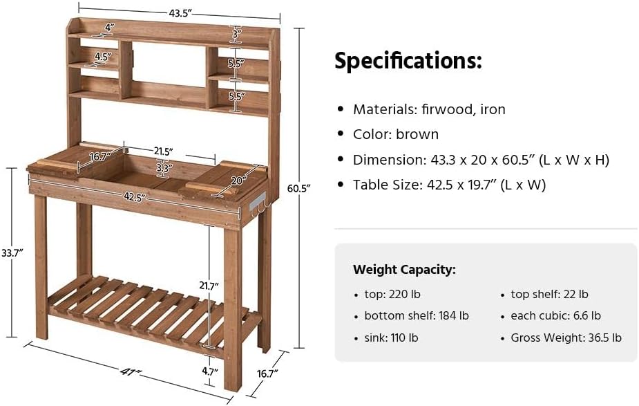 Topeakmart Potting Bench Germination Table - Wood Garden Work Bench Flatform w/Display Rack/Practical Storage Prganizer for Backyard, Patio and Balcony, Brown