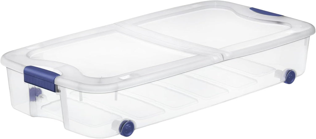 66 Quart Underbed Storage with Wheels, Clear Plastic Storage Container, with Latch Lid, for Bedroom, Closet, Garage, Blue