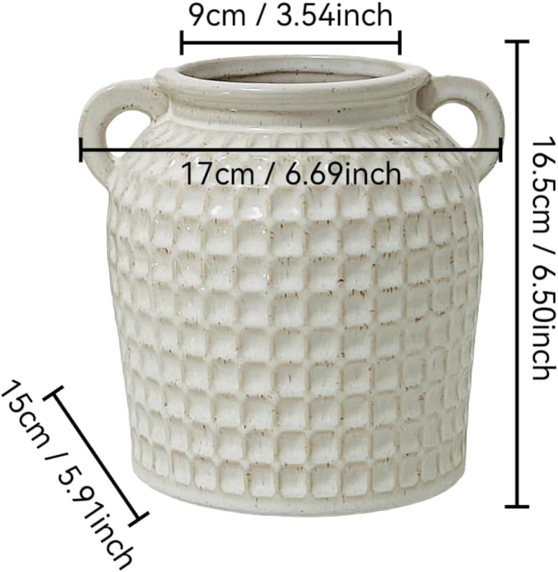 White Ceramic Vase with Handles | Farmhouse Boho Style, Textured Waffle Weave, Table Decor, For Pampas Grass