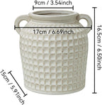 White Ceramic Vase with Handles | Farmhouse Boho Style, Textured Waffle Weave, Table Decor, For Pampas Grass