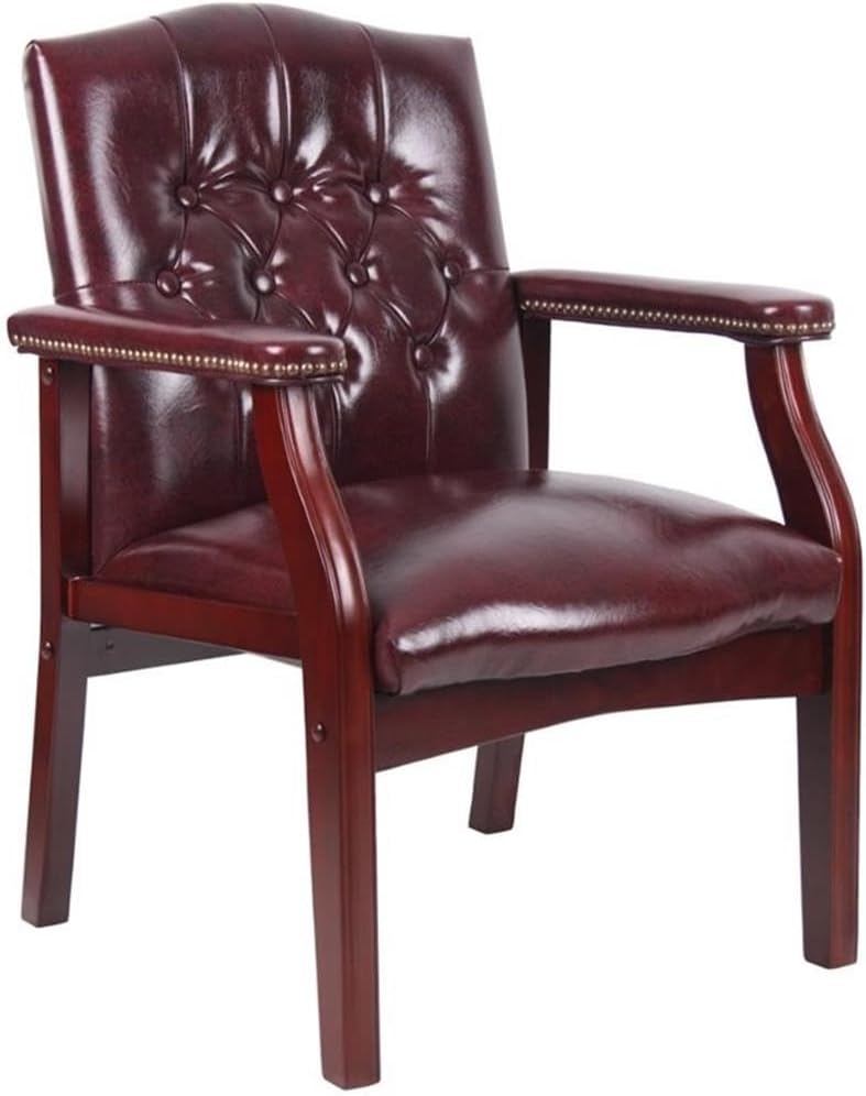 BOWERY HILL Traditional Faux Leather Tufted Guest Chair, Oxblood Red Upholstery, Mahogany Wood Base, Button Tufted Design, Hand Antique Brass Nails, 35.5" H x 24.5" W x 27" D, Home or Office Seating