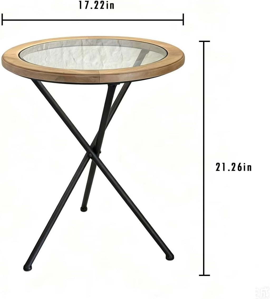 Premium Round Solid Wood Glass Top Side Table, Mid-Century Modern Industrial Accent End Table with Metal Tripod Legs for Living Room, Bedroom, Balcony & Small Spaces