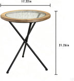 Premium Round Solid Wood Glass Top Side Table, Mid-Century Modern Industrial Accent End Table with Metal Tripod Legs for Living Room, Bedroom, Balcony & Small Spaces