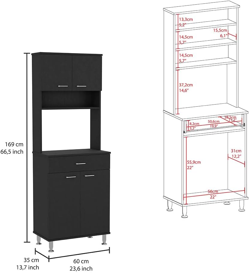 23.6" D*13.7" W*66.5" H Kitchen Pantry with Drawer & 2 Shelves, 2 Double Doors, Rectangular Storage Cabinet, Traditional, for Living Room, Dining Room, Black