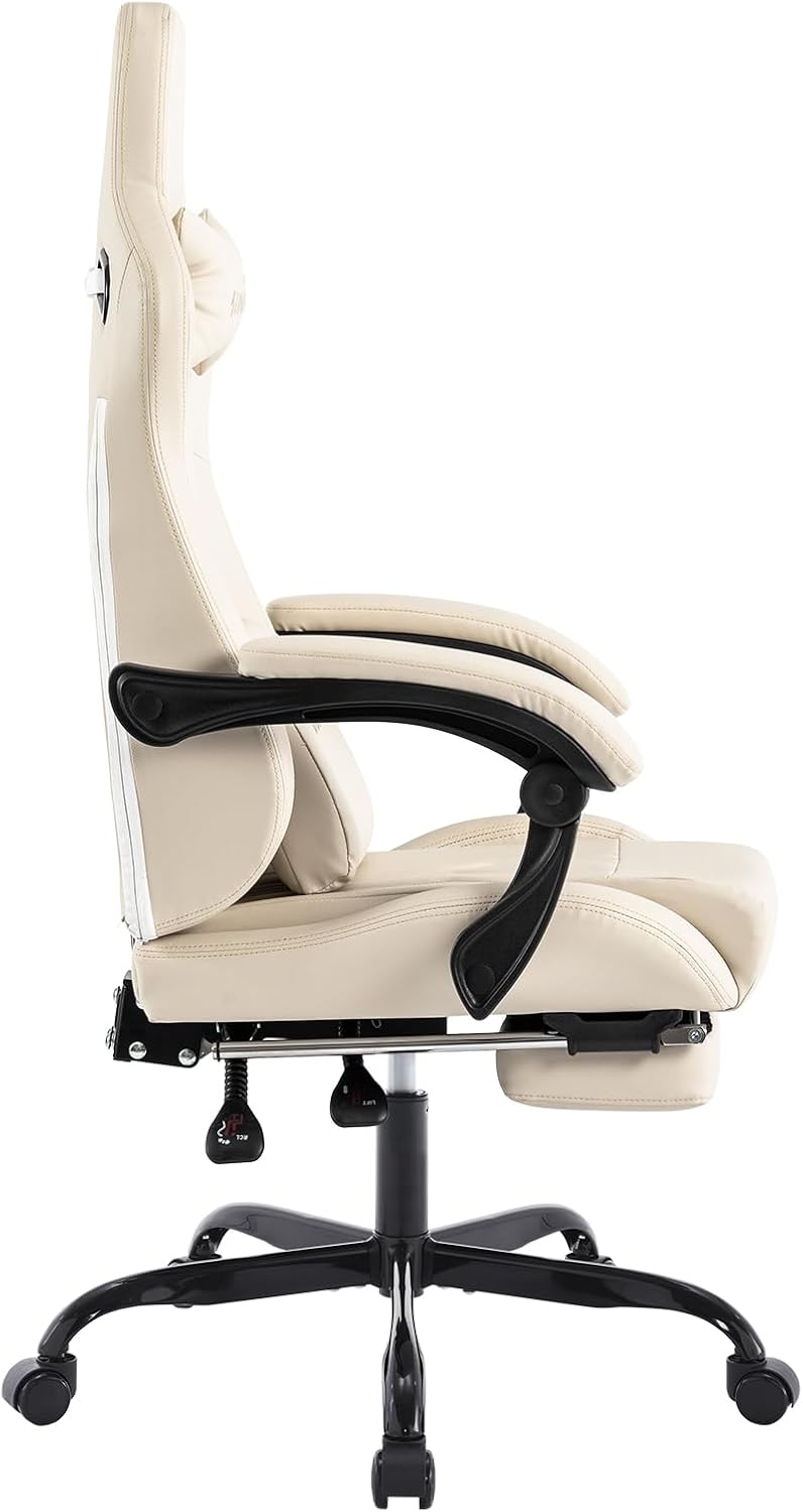 Gaming Chair with Footrest Ergonomic Computer Chair Massage Lumbar Cushion, Racing Video Game Chair Adjustable Rocker Recliner Executive Office Desk Chair Pu Leather for Adults, Beige