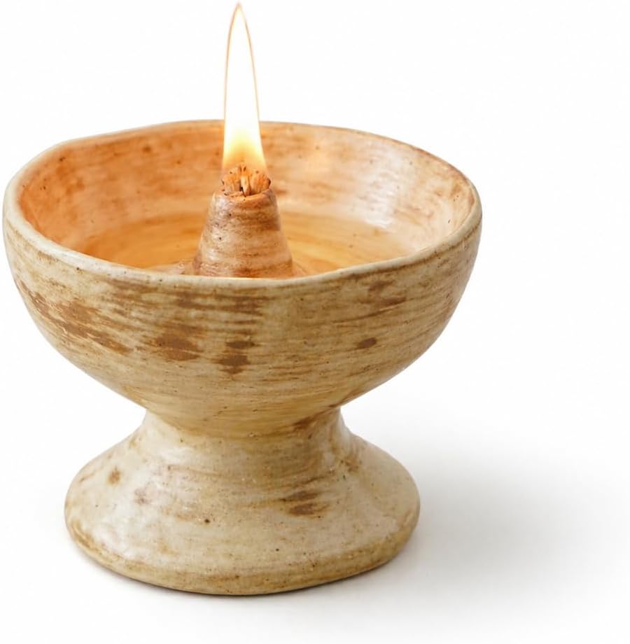 Handmade Ceramic Oil Lamp – Refillable Butter/Ghee Diya with Cotton Wick for Meditation Altar & Calm Home Decor (Wheat)