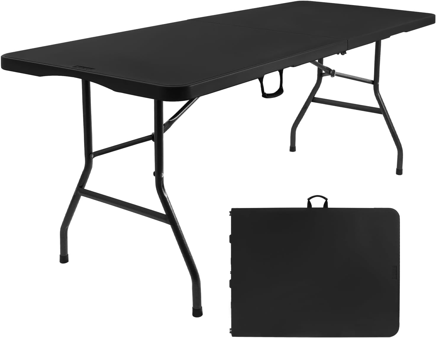 6ft Folding Table, Portable Heavy Duty Plastic Table for Party, Black | Fold-in-half Design with Carry Handle,Easy Setup,Compact Storage. Supports 330 lbs for Indoor & Outdoor use,Camping, Picnic