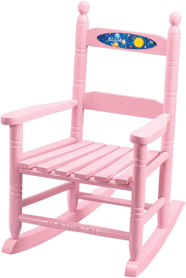 Fox Valley Traders Custom Space-Themed Children's Rocking Chair, Durable Wood - Measures 14 1/2" Wide x 11 1/2" Deep; 22 1/2" Overall Height, Pink Font