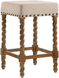 Carolina Chair & Table Remick 24" Counter Stool with Linen Upholstered Seat - Solid Wooden Frame, Twist Turned Legs with Antique Brass Nailhead Trim Accent Stool for Kitchens, Bars (Natural Oak)