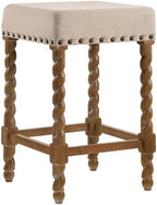 Carolina Chair & Table Remick 24" Counter Stool with Linen Upholstered Seat - Solid Wooden Frame, Twist Turned Legs with Antique Brass Nailhead Trim Accent Stool for Kitchens, Bars (Natural Oak)