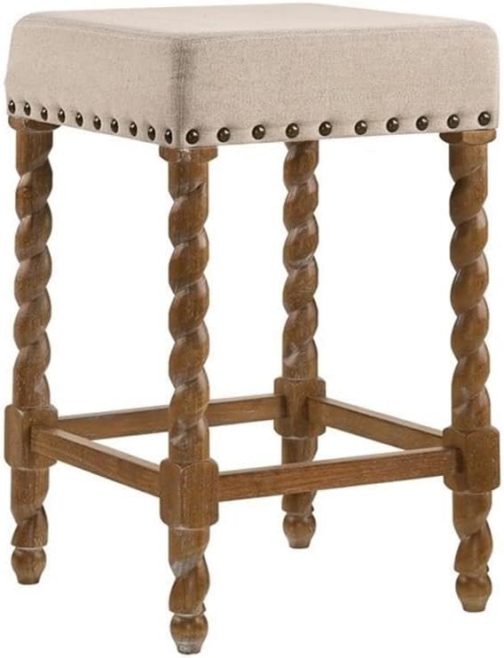 Carolina Chair & Table Remick 24" Counter Stool with Linen Upholstered Seat - Solid Wooden Frame, Twist Turned Legs with Antique Brass Nailhead Trim Accent Stool for Kitchens, Bars (Natural Oak)