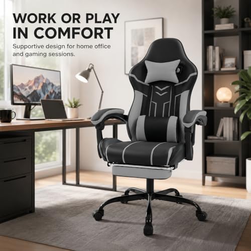 Gaming Desk Chair for Adults, Ergonomic Gaming Chair with Footrest & Headrest and Lumbar Support, Leather Material Height Adjustable Computer Video Game Chairs (Black+Gray)