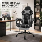 Gaming Desk Chair for Adults, Ergonomic Gaming Chair with Footrest & Headrest and Lumbar Support, Leather Material Height Adjustable Computer Video Game Chairs (Black+Gray)