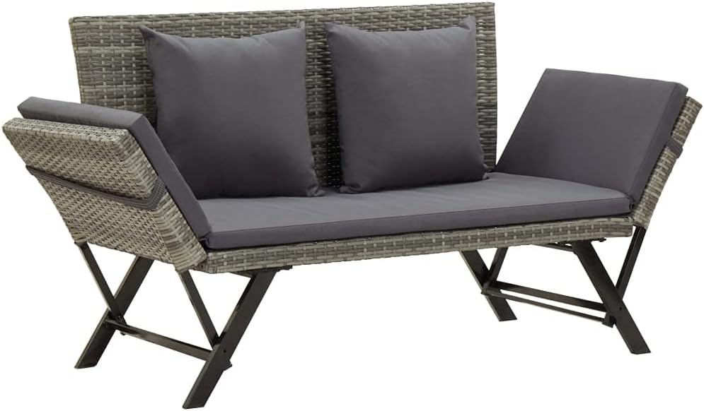 Outdoor Garden Day Bed, 69.3 Inch Convertible Patio Lounger with Grey Rattan Finish, 2-Person Weather-Resistant Bench for Backyard, Deck, and Poolside Relaxation