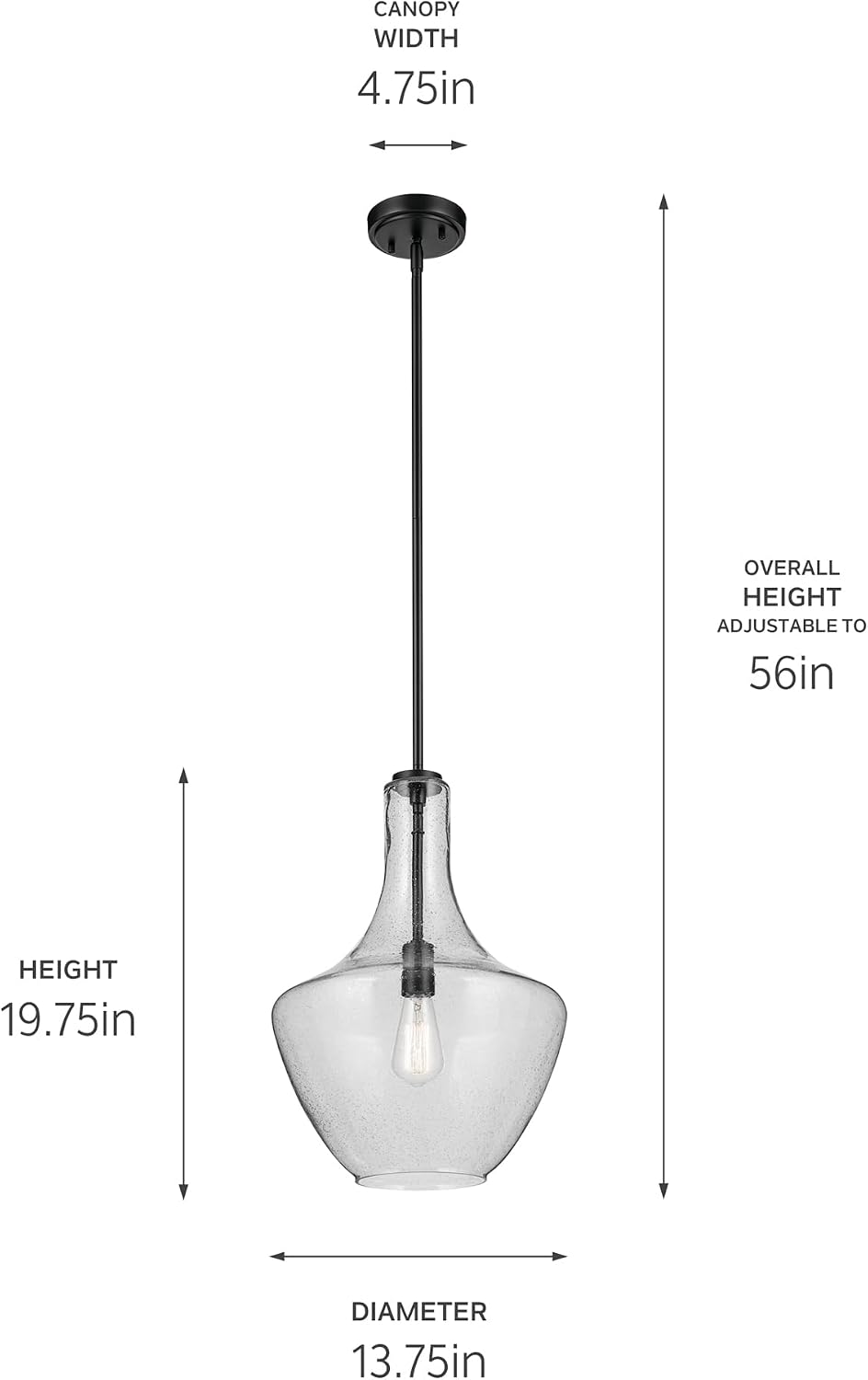 Kichler Everly 1-Light Bell Pendant Light Fixture with Clear Seeded Glass in Black for Kitchen Island, Dining Room, Bedroom, Modern Hanging Light (19.75" x 13.75"), 42046BKCS