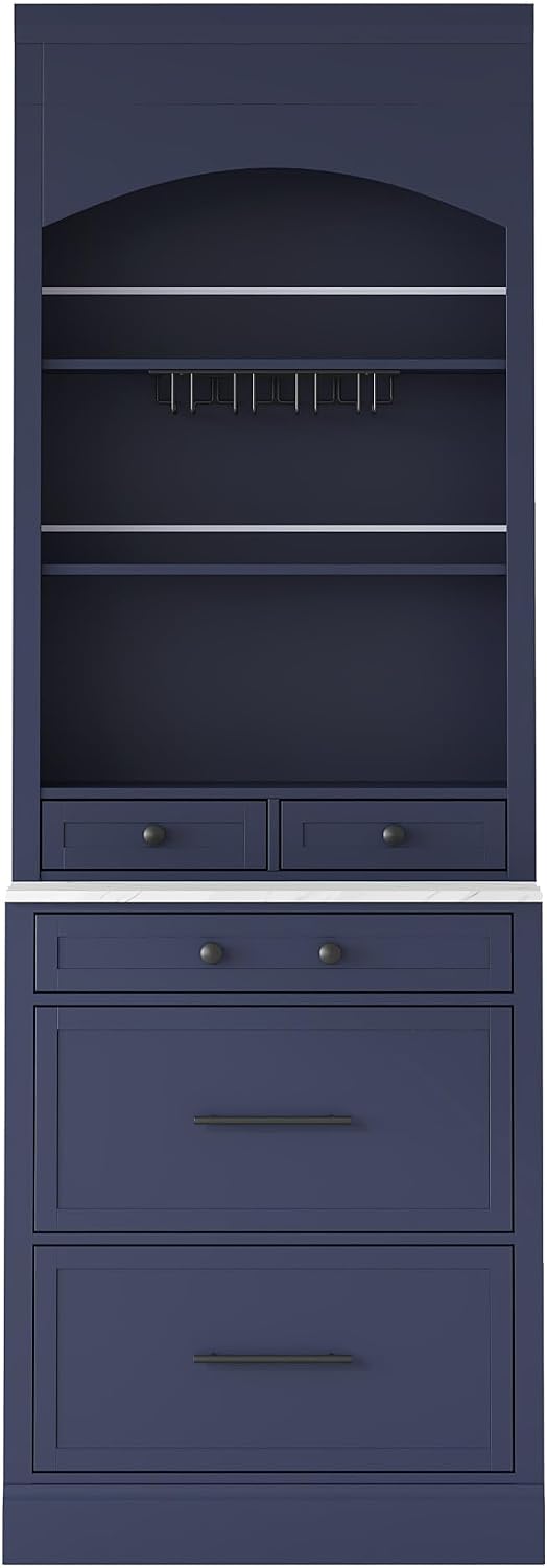 LUMISOL 83.7" Freestanding Tall Kitchen Pantry with 5 Drawers and Glass Holders, Modern Kitchens Storage Cabinet with Adjustable Shelf and Faux Marble Top, Wooden Kitchen Hutch, Blue