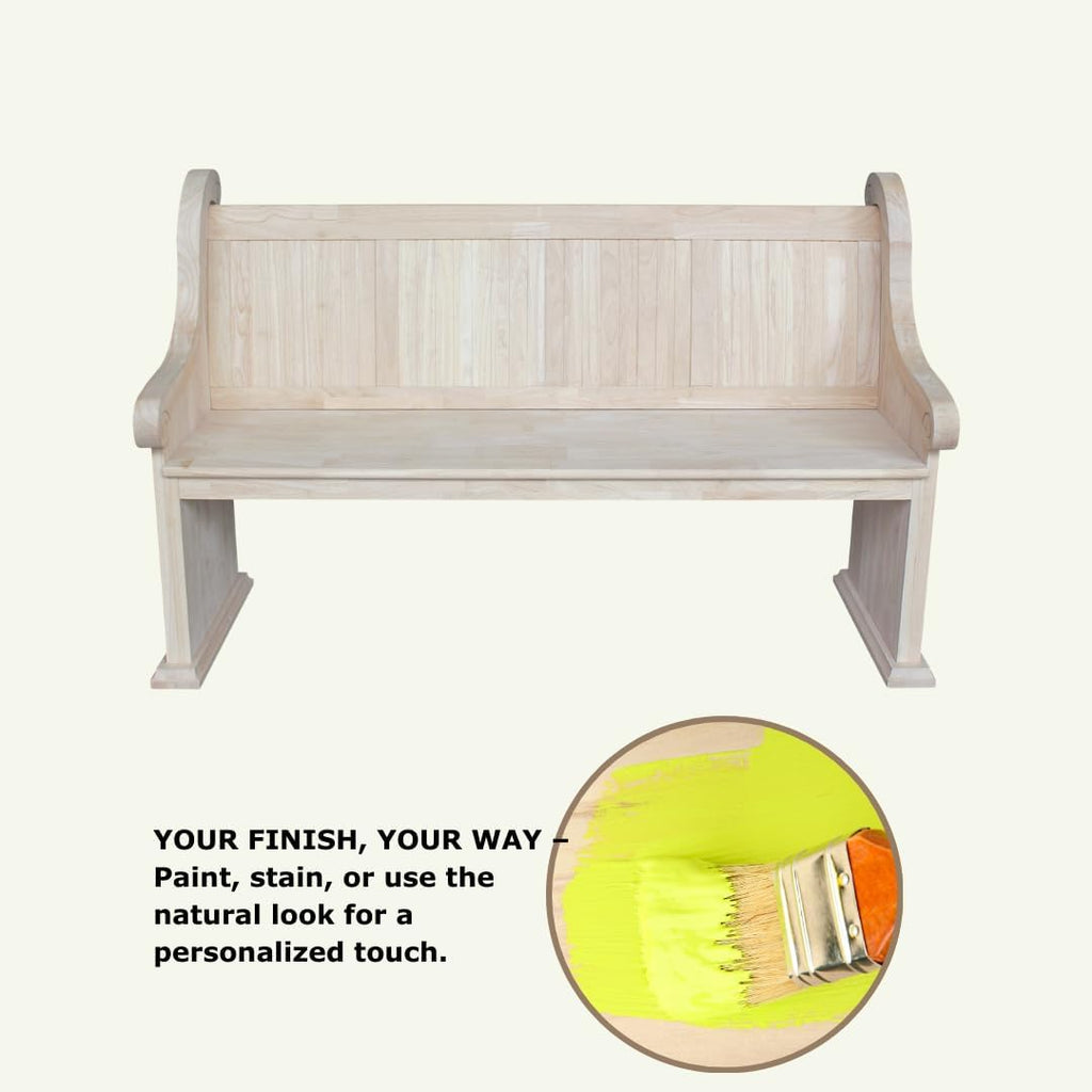 IC International Concepts, Sanctuary Bench, Solid Real Wood, Sturdy Parawood, Entryway/Dining/Living, Spacious Dimensions 58" W x 17.7" D x 18" H, 450 LBS Capacity, Paint/Stain Ready, Unfinished