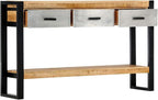 3 Drawer Console Table for Living Room, Brown Console Table with 3 Drawers, Black Iron Legs Grey