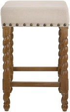 Carolina Chair & Table Remick 24" Counter Stool with Linen Upholstered Seat - Solid Wooden Frame, Twist Turned Legs with Antique Brass Nailhead Trim Accent Stool for Kitchens, Bars (Natural Oak)