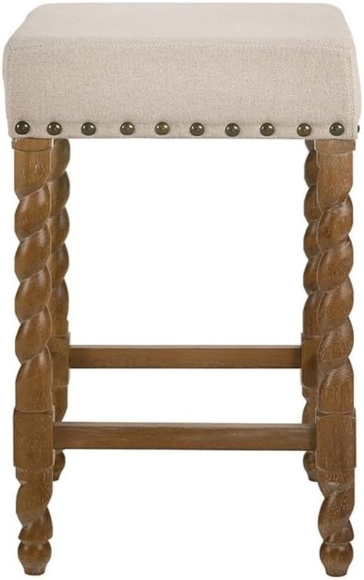 Carolina Chair & Table Remick 24" Counter Stool with Linen Upholstered Seat - Solid Wooden Frame, Twist Turned Legs with Antique Brass Nailhead Trim Accent Stool for Kitchens, Bars (Natural Oak)