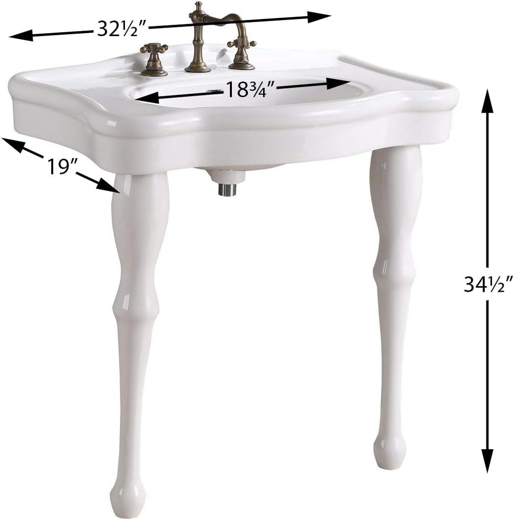 Jasmine White Console Bathroom Sink 32.5" Wide 2 Spindle Pedestal Leg Supports Heavy Duty Porcelain Wall Mount Console Sink With Overflow and Widespread Faucet Holes Renovators Supply Manufacturing