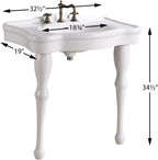 Jasmine White Console Bathroom Sink 32.5" Wide 2 Spindle Pedestal Leg Supports Heavy Duty Porcelain Wall Mount Console Sink With Overflow and Widespread Faucet Holes Renovators Supply Manufacturing