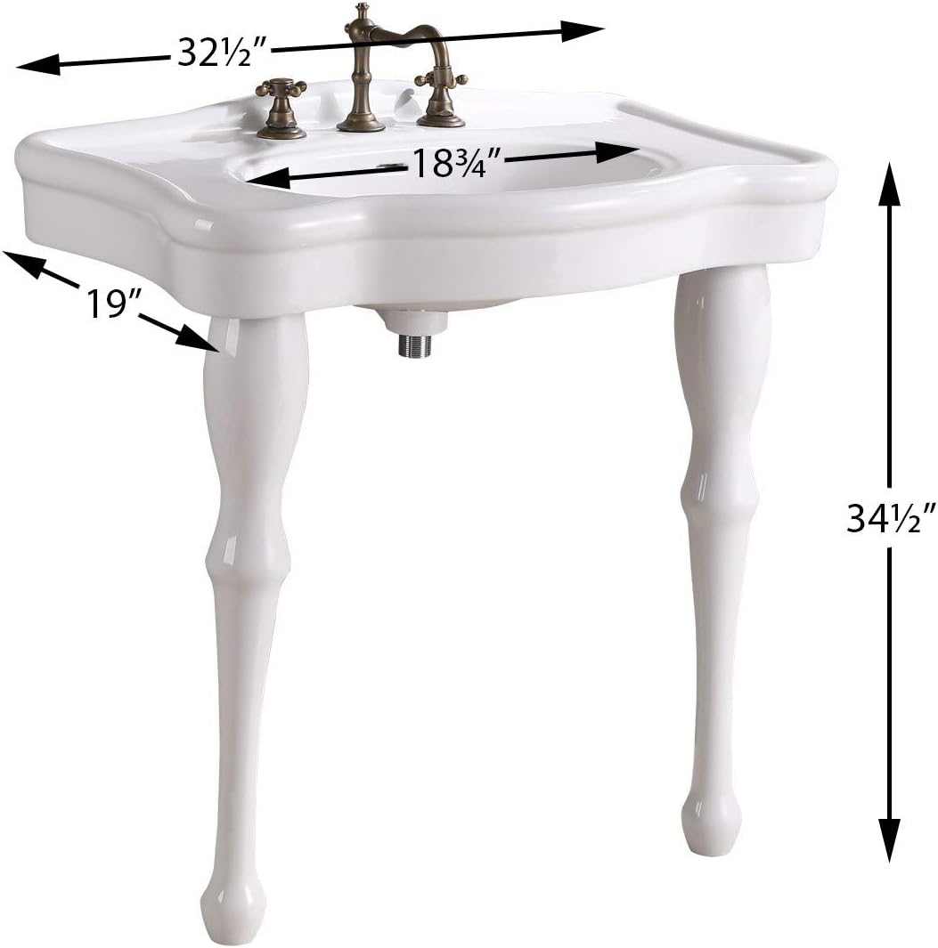 Jasmine White Console Bathroom Sink 32.5" Wide 2 Spindle Pedestal Leg Supports Heavy Duty Porcelain Wall Mount Console Sink With Overflow and Widespread Faucet Holes Renovators Supply Manufacturing