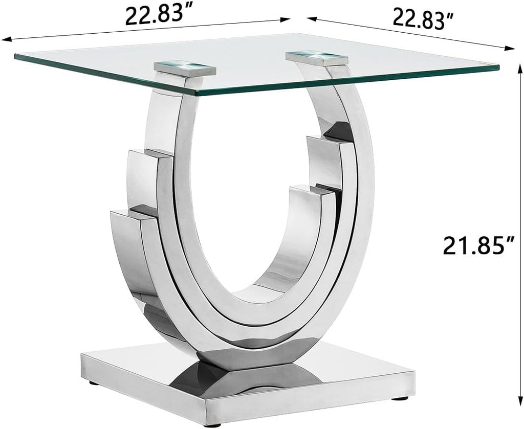 Luxury Silver Glass End Table Modern Square Sofa Side Table with Mirrored Stainless Steel Base and Clear Glass Top for Living Room Home Office Bedroom Table (Silver)