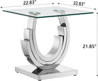 Luxury Silver Glass End Table Modern Square Sofa Side Table with Mirrored Stainless Steel Base and Clear Glass Top for Living Room Home Office Bedroom Table (Silver)
