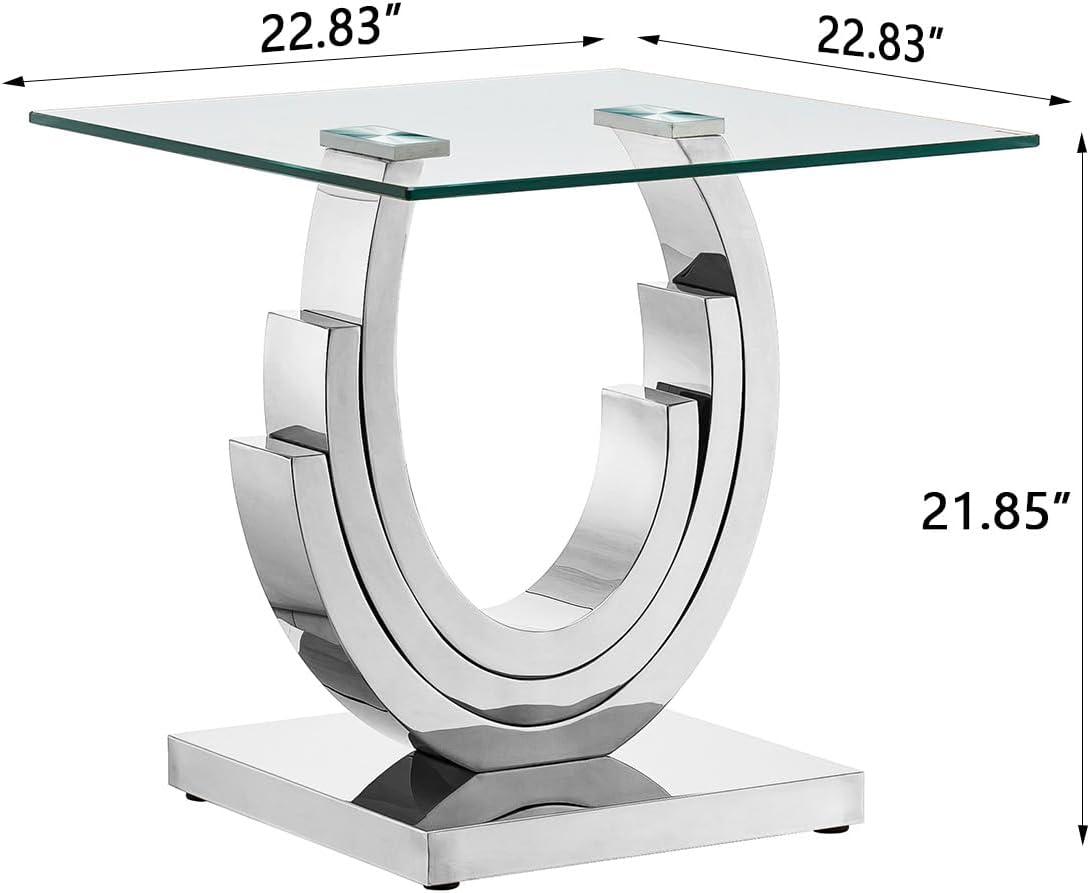 Glass End Table, 22.83" Square Side Table with Tempered Glass Top and Silver Mirror Finish Stainless Steel Three U-Shaped Base, Modern Small End Side Table for Living Room