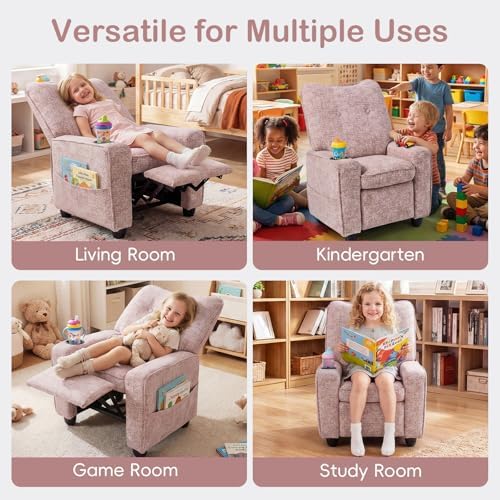 INFANS Kids Recliner, Toddler Lounge Chair with Adjustable Backrest Footrest Side Pockets Cup Holder 90 lbs Load, Velvet Fabric Toddler Couch