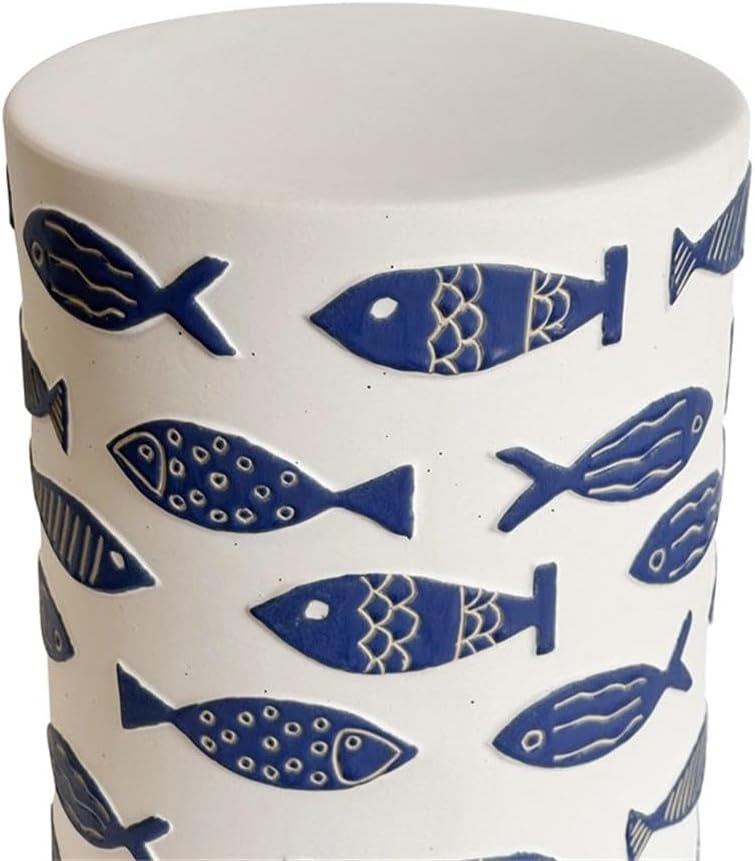 Pemberly Row Handmade Ceramic Accent Table, 13" W x 13" D x 17.5" H, Blue Fish Design, White Finish, Artisanal Global Style, Durable Side Table for Living Room, Patio, or Bedroom Decor