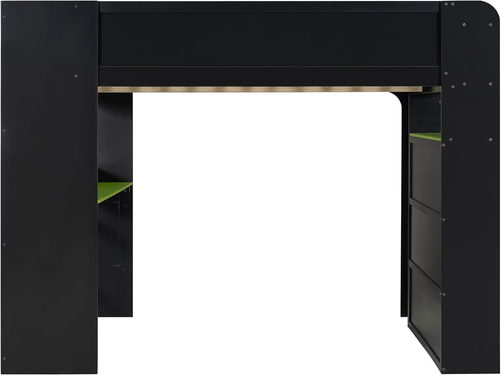 Full Size Wood Bunk Bed with Height-Adjustable Desk and Wardrobe,USB Port and RGB Light,for Kids Teens Adults Bedroom Use (Green#Wardrobe, Full)