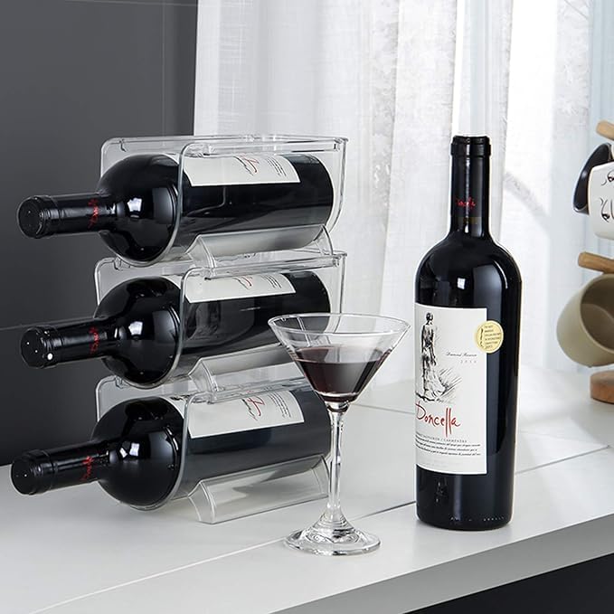 4 Pack Plastic Stackable Water Bottle and Wine Rack Storage Organizer for Kitchen Countertops, Pantry, Fridge, Clear