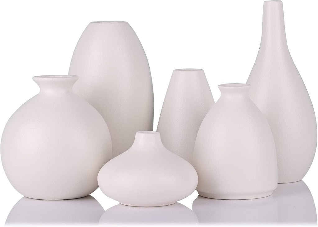 Set of 6 Matte White Small Vases for Flowers, Ceramic Bud Vase Bulk Boho Centerpieces for Tables, Mini Short Vase Modern Bulk Wedding Centerpieces Ikebana Vases for Bridal Shower/House Warming Gift